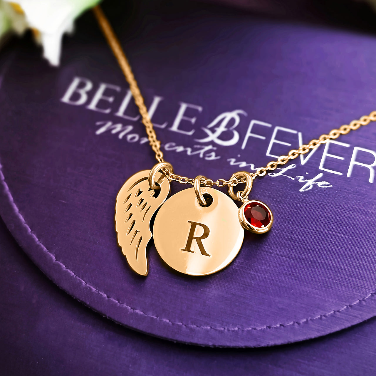 Memorial Angel Initial Necklace with Birthstone Charm
