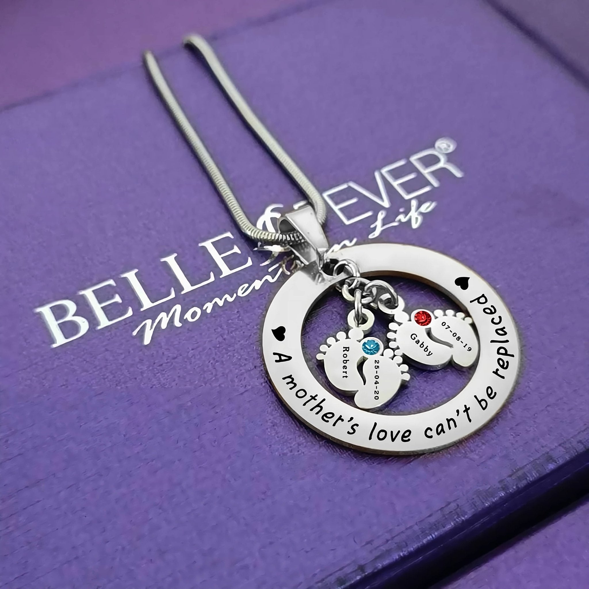 Cant Be Replaced Necklace - Double Feet Birthstones - Mothers Jewellery by Belle Fever