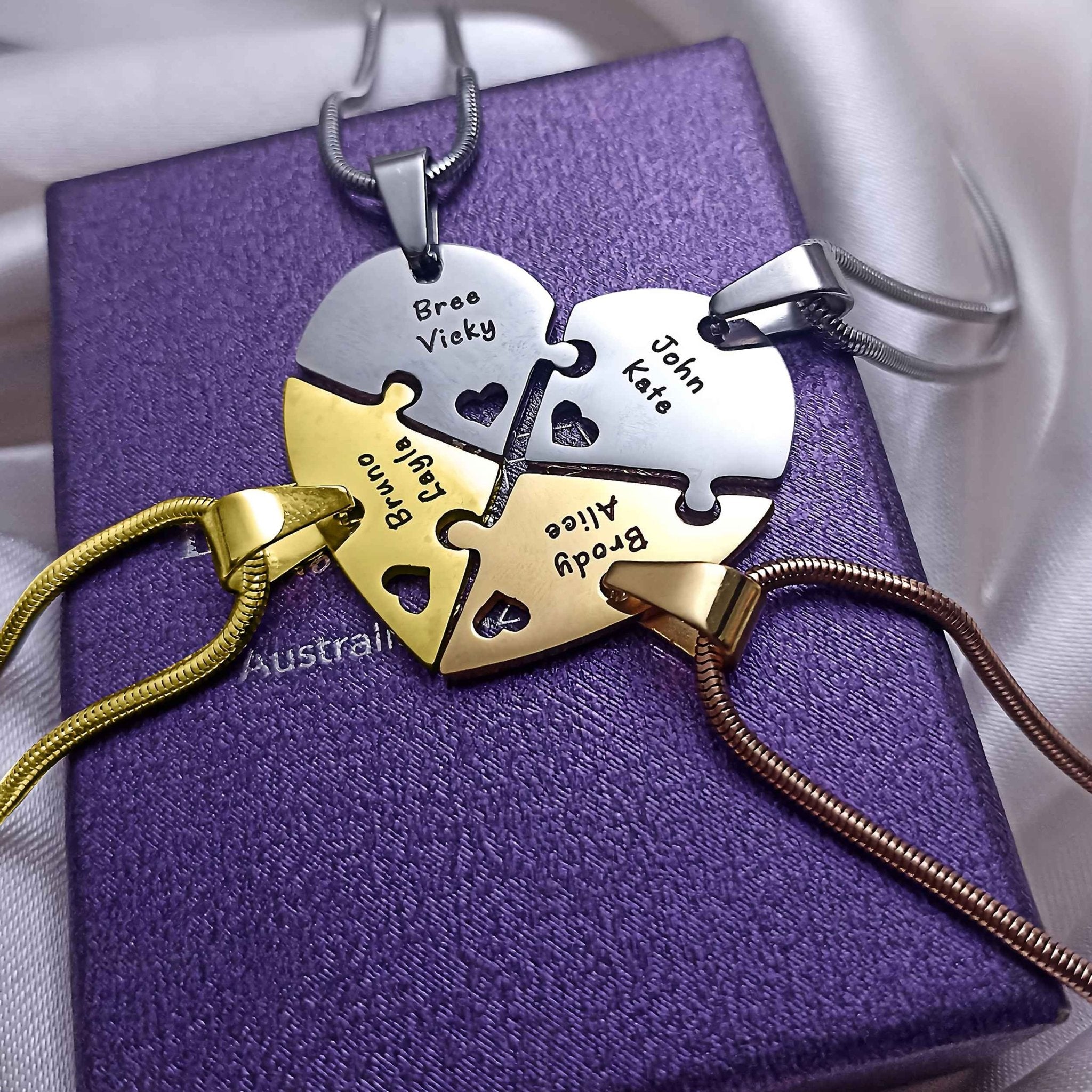 Quad Heart Puzzle - Four Personalised Necklaces - Puzzle Jewellery by Belle Fever