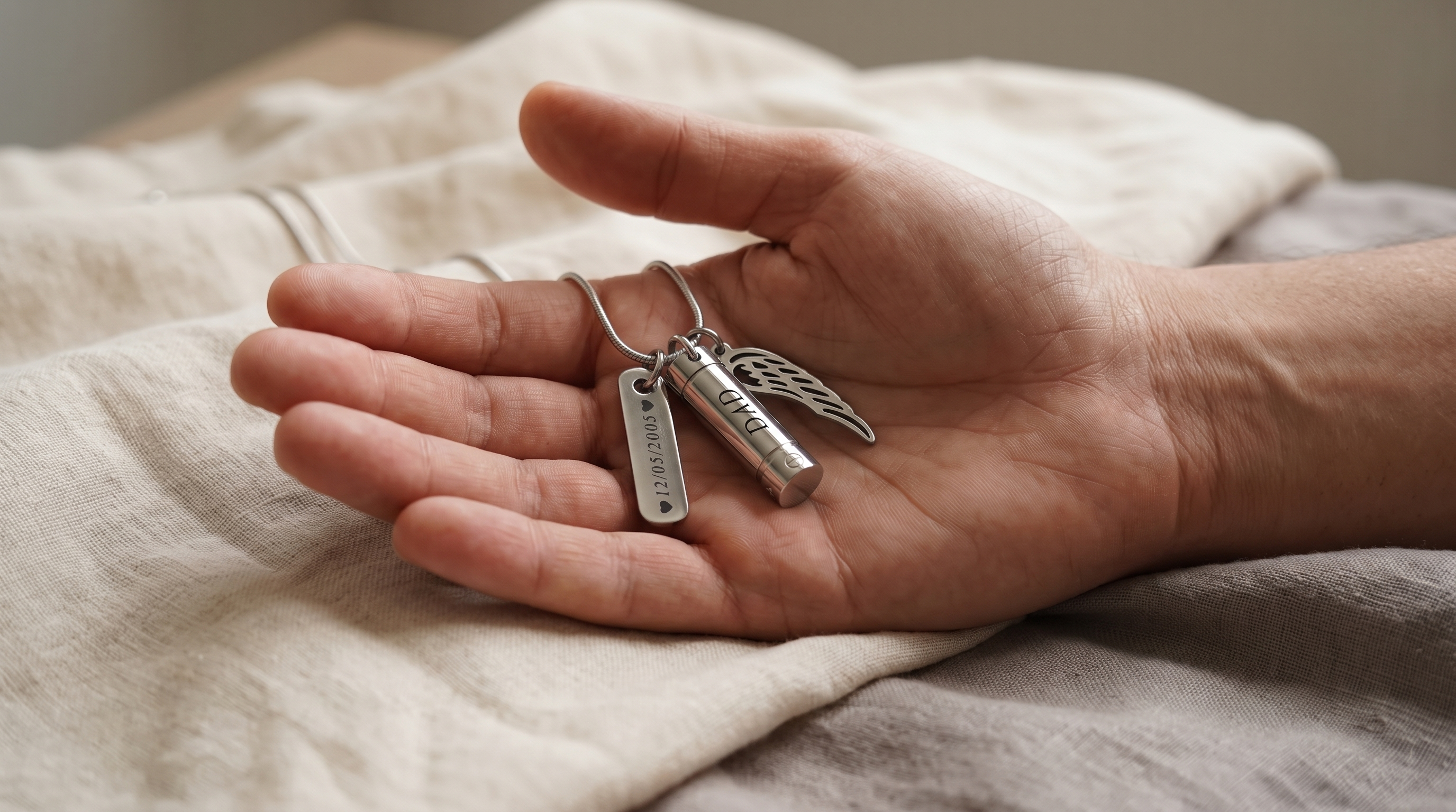 A small engraved memorial pendant resting in an open palm