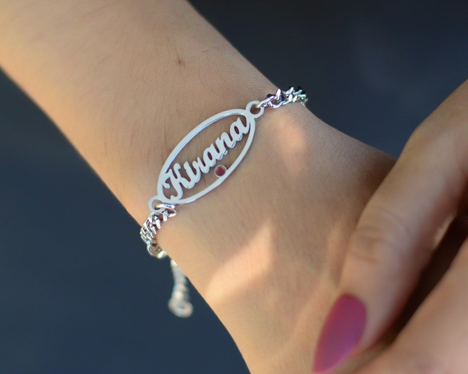 Oval Name Bracelet with Birthstone - BELLE FEVER