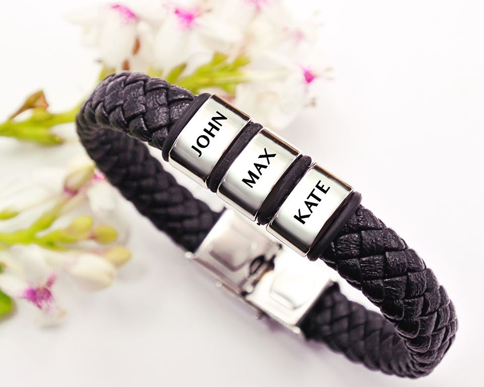 Personalised Black Leather Bracelet - BELLE FEVER