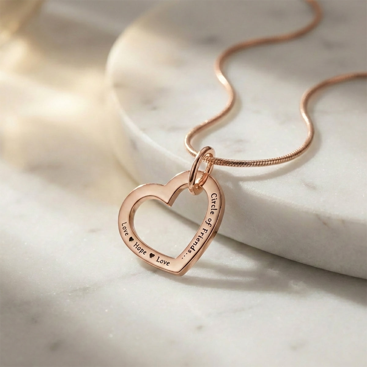 Belle Fever rose gold Always In My Heart necklace flatlay, personalised heart jewellery, engraved name necklace, romantic keepsake