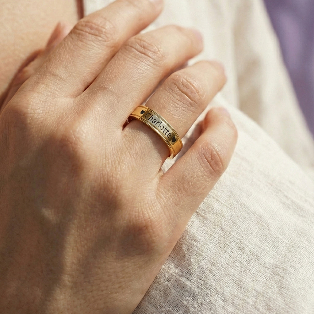 Belle Fever personalised ring, custom engraved name for unisex gift. 
