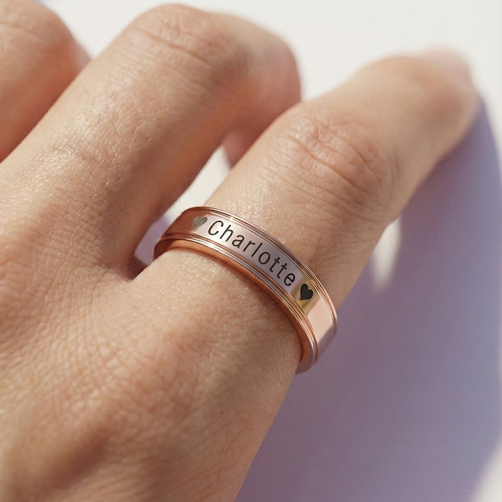 Belle Fever personalised ring on a models, demonstrating the bold, statement look— perfect for a unisex gift with deep personal meaning.