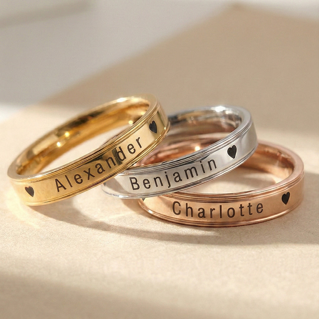 Belle Fever Personalised Ring, custom engraved name band, unisex jewellery 