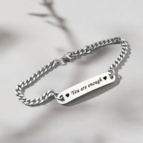Silver Belle Fever Bar Bracelet engraved with ‘You are enough’ — a thoughtful affirmation piece celebrating self-love and confidence.