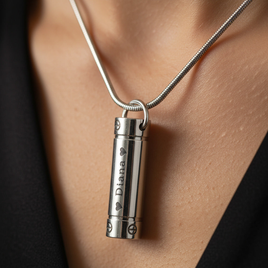Belle Fever Cylinder Cremation Necklace worn close to the heart — a meaningful pendant that keeps loved ones’ memories alive forever.