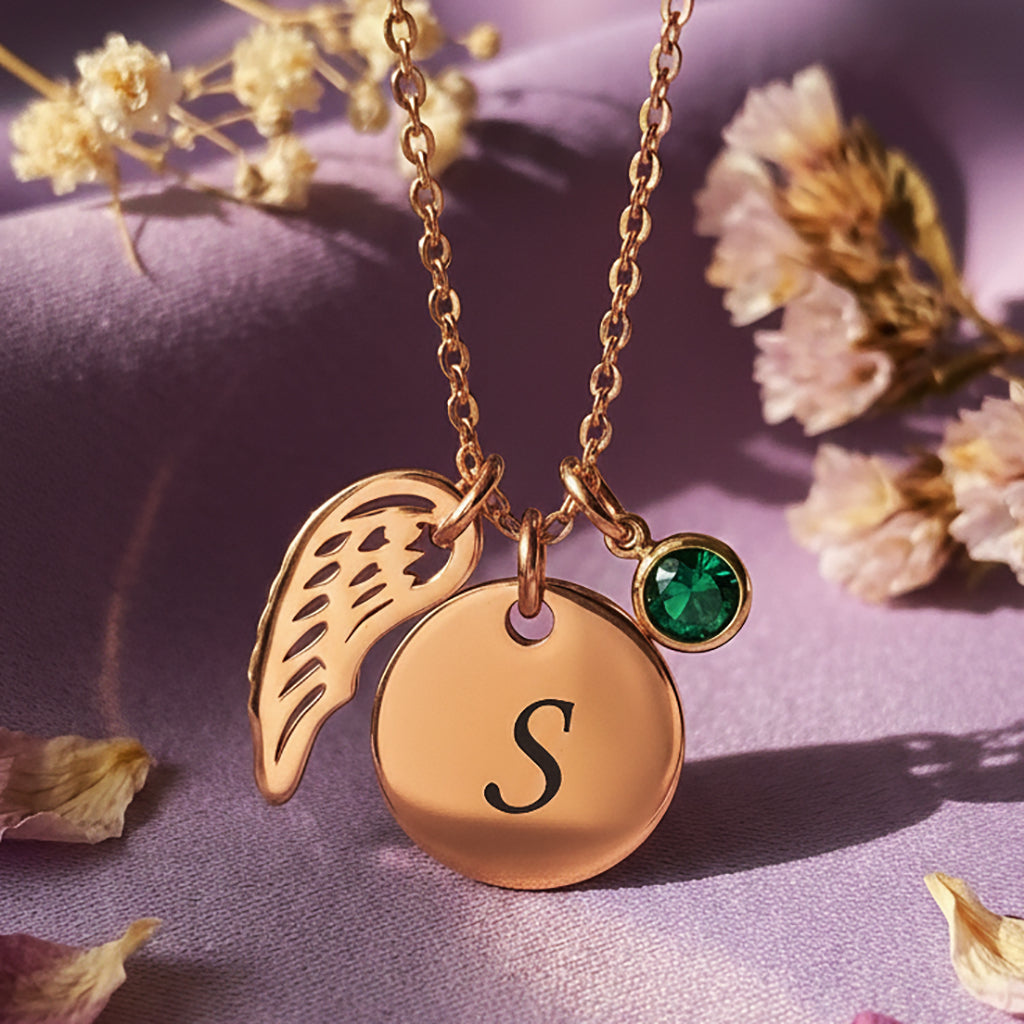 Rose Gold Memorial Angel Necklace with Stone Charm - Memorial & Cremation Jewellery by Belle Fever