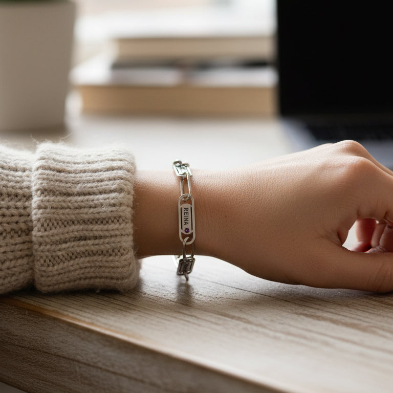 Silver Endless Ties Name Bracelet with Birthstone by Belle Fever — a heartfelt keepsake designed to carry love, memories and connection every day.