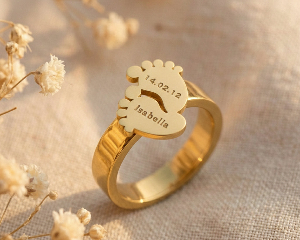 Belle Fever Footprint ring engraved with name and date, meaningful keepsake jewelry gift for mom celebrating motherhood