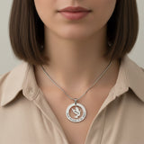 Belle Fever held forever necklace, custom engraved sympathy gift worn on model, Nana inscription clear remembrance jewelry