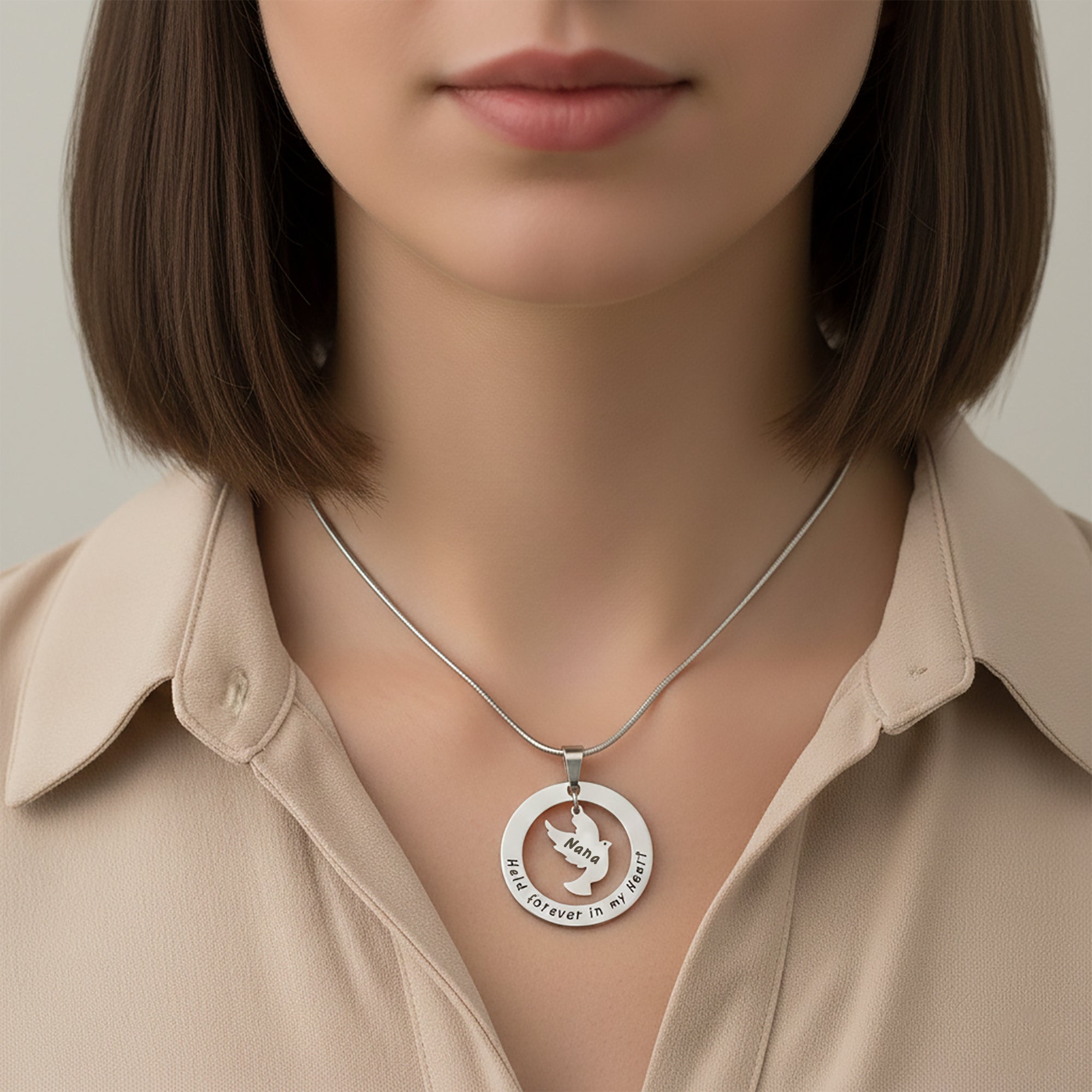 Belle Fever held forever necklace, custom engraved sympathy gift worn on model, Nana inscription clear remembrance jewelry