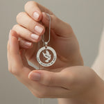 Belle Fever personalized held forever in silver, custom engraved Nana pendant held in hand, sympathy gift remembrance jewelry