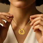 Interlinked Family Love Circles Personalised Necklace by Belle Fever — gold engraved circle pendant worn close to the heart, celebrating love, connection and family unity.