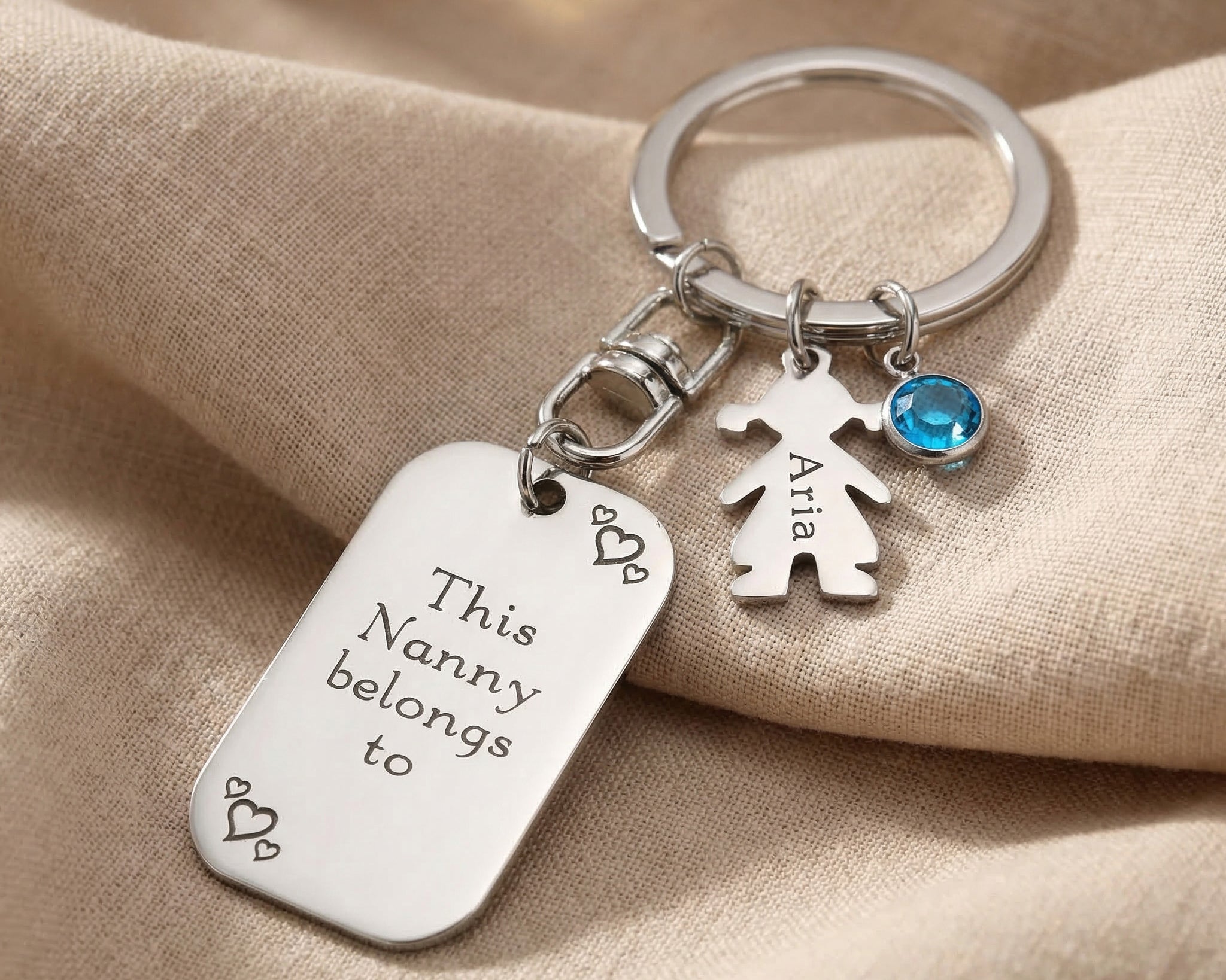 Kids Love Tag Keyring in silver with engraved tag, birthstone and child charm, family keepsake