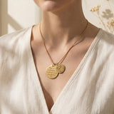 Belle Fever mother forever necklace worn on neck, personalized engraved disc with heart charm jewelry