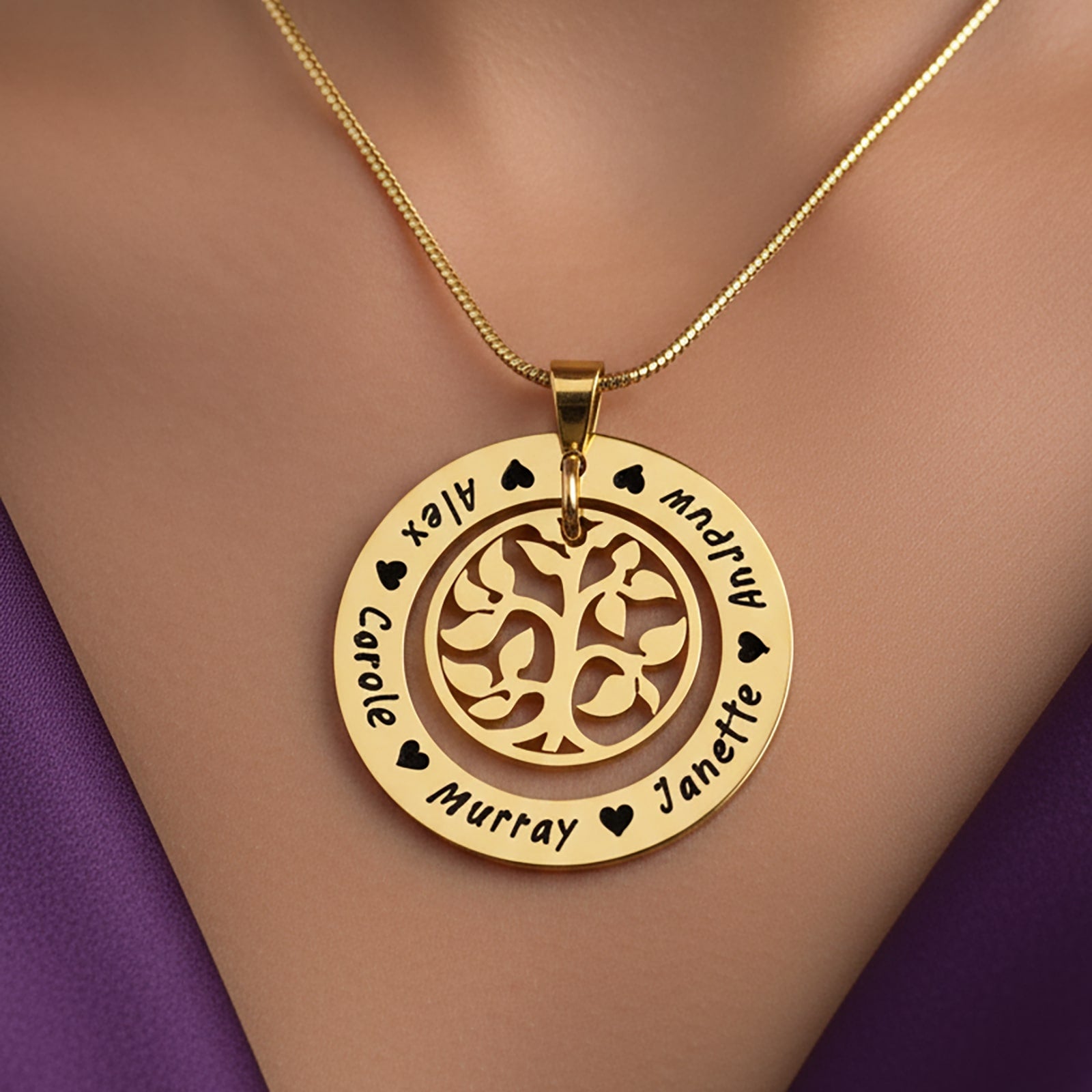 Personalized Family Tree Necklace by Belle Fever — elegant gold pendant engraved with family names, a meaningful Mother’s Day gift symbolising love, unity and cherished memories.