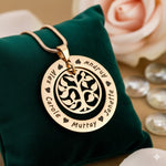 Belle Fever Custom Family Tree Necklace — rose gold engraved pendant displayed on velvet, a sentimental Mother’s Day keepsake honouring family bonds and treasured connections.