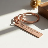 Belle Fever rose gold reminder tag keychain, custom engraved bar keepsake with swivel clasp, elegant everyday keychain gift