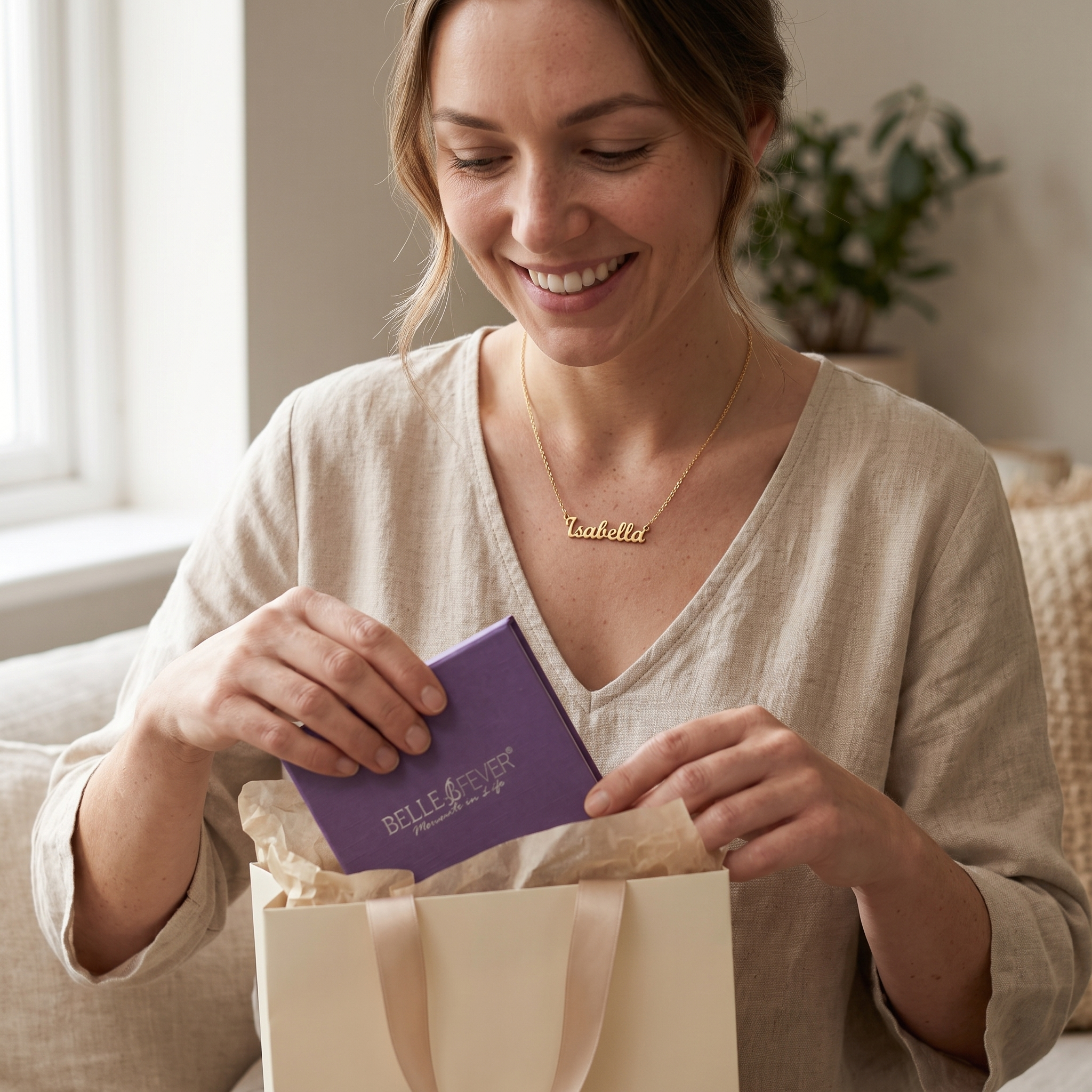 A woman in a beige linen top smiles while opening a cream gift bag. She is wearing a gold personalized nameplate necklace that reads 'Isabella' and holding a purple card with the brand name 'BELLEVER' printed on it.