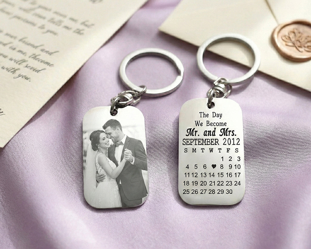 Custom photo keyring with engraved date calendar, double-sided metal tag gift for couples