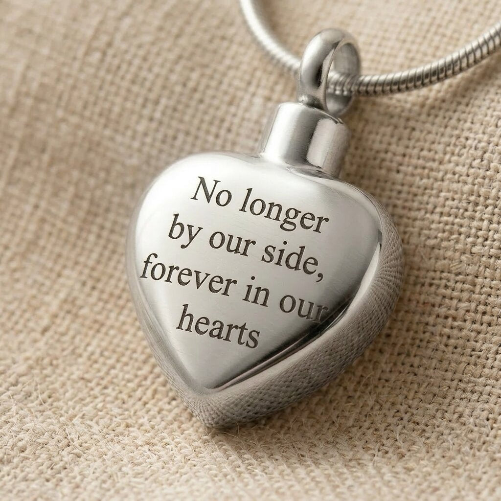 Close up of Always Love cremation necklace heart urn pendant with engraved memorial message