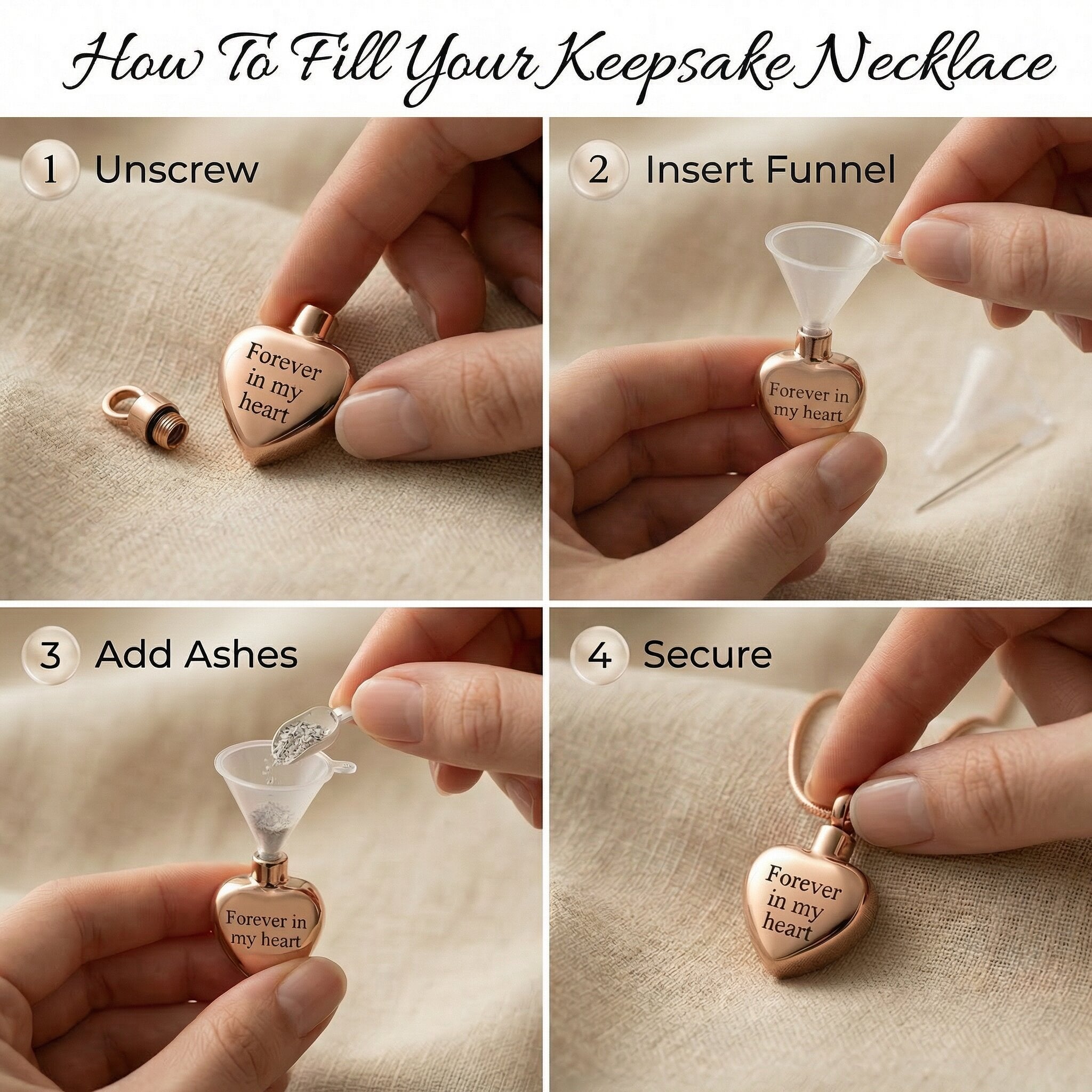 Instructions showing how to fill Always Love cremation necklace heart urn pendant with ashes