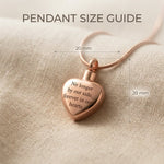 Pendant size guide for Always Love cremation necklace showing heart urn pendant dimensions