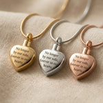 Always Love cremation necklace showing gold, silver and rose gold heart urn pendant options