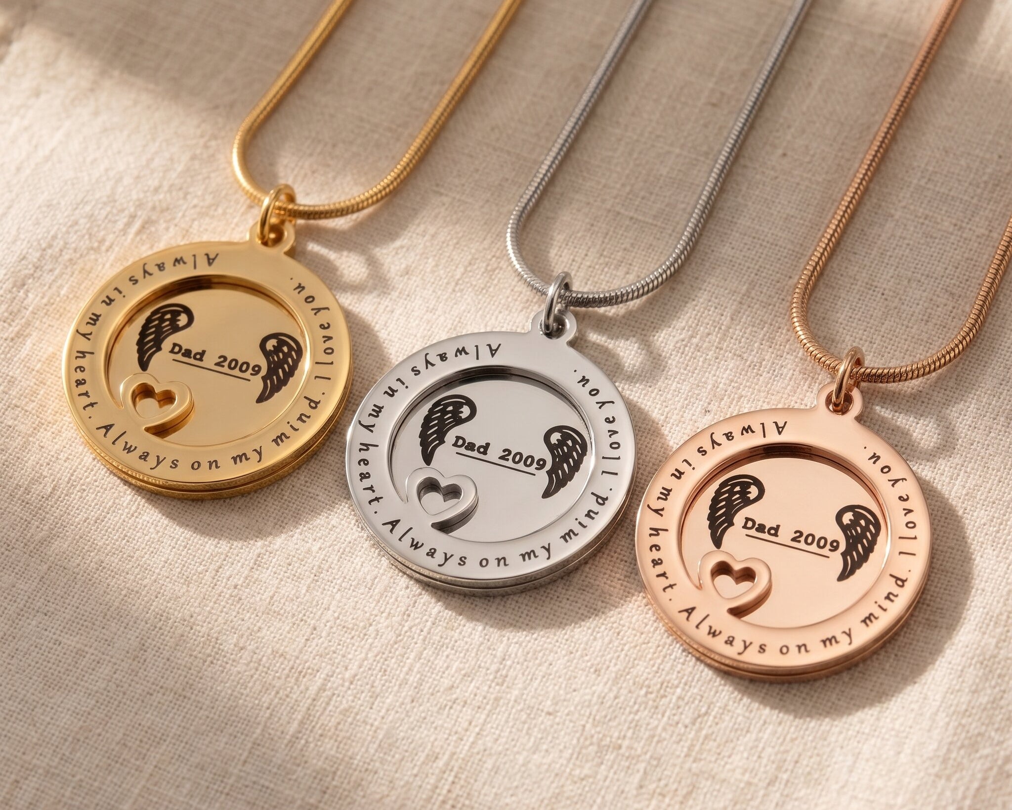 Always on my mind necklace tone comparison showing gold, silver and rose gold layered keepsake designs