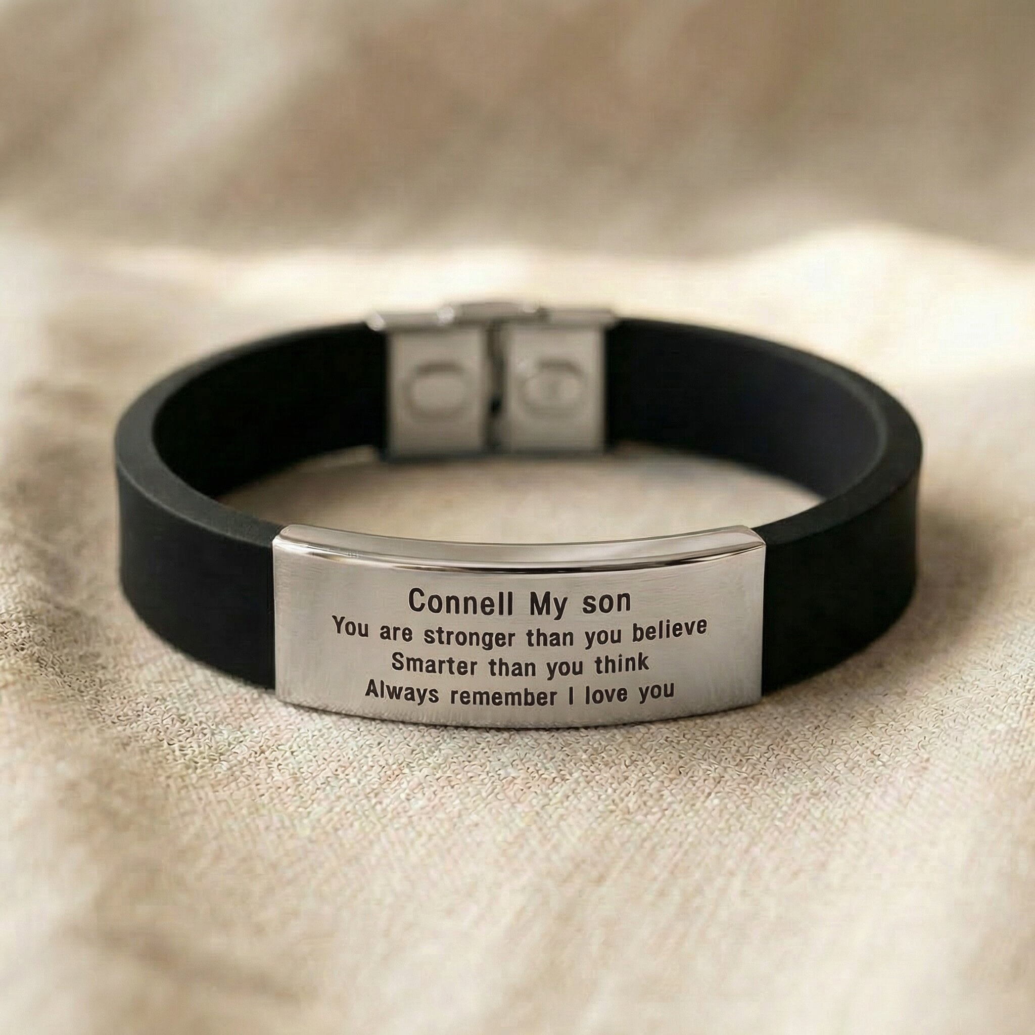 Silver Always Remember personalised ID bracelet with engraved plate on black silicone band