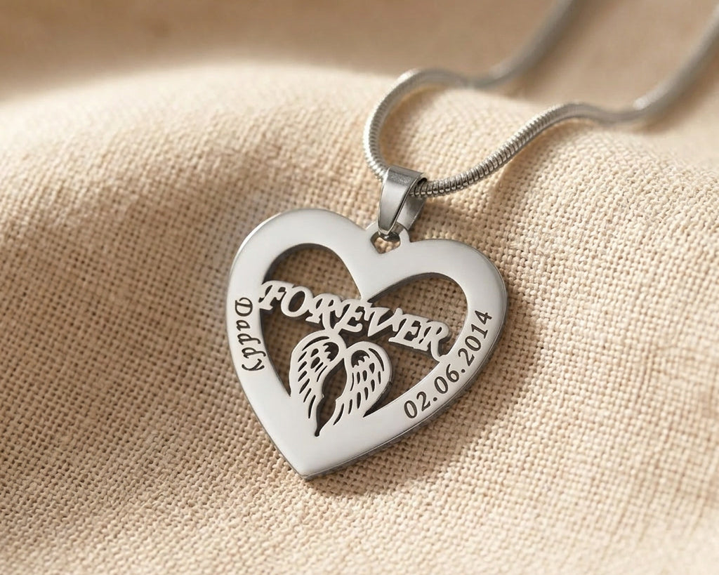 Silver Angel In My Heart necklace featuring heart shaped angel wings pendant on chain necklace