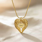 Angel Heart Necklace, gold wing pendant embracing a personalised heart charm, a touching memorial keepsake by Belle Fever jewellery