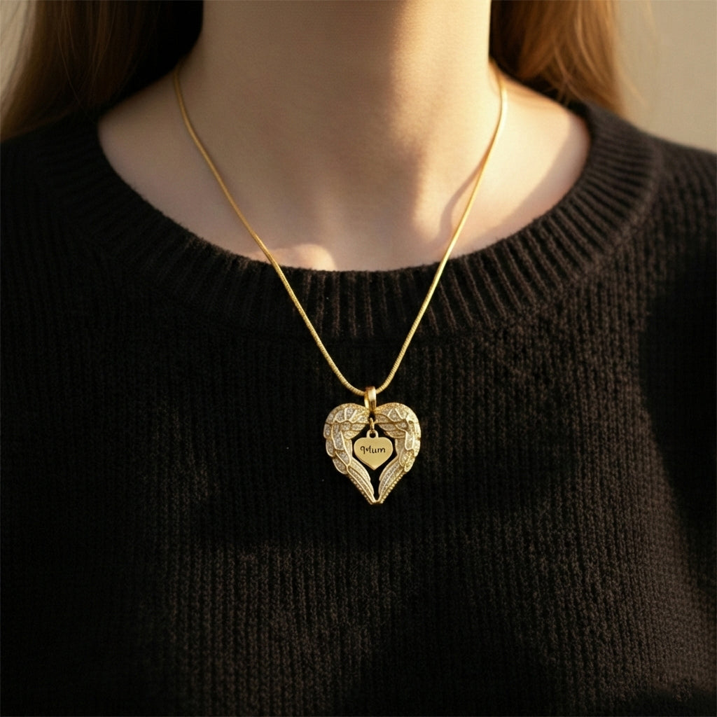 Gold Angels Heart Necklace with Heart Insert - Memorial Jewellery by Belle Fever