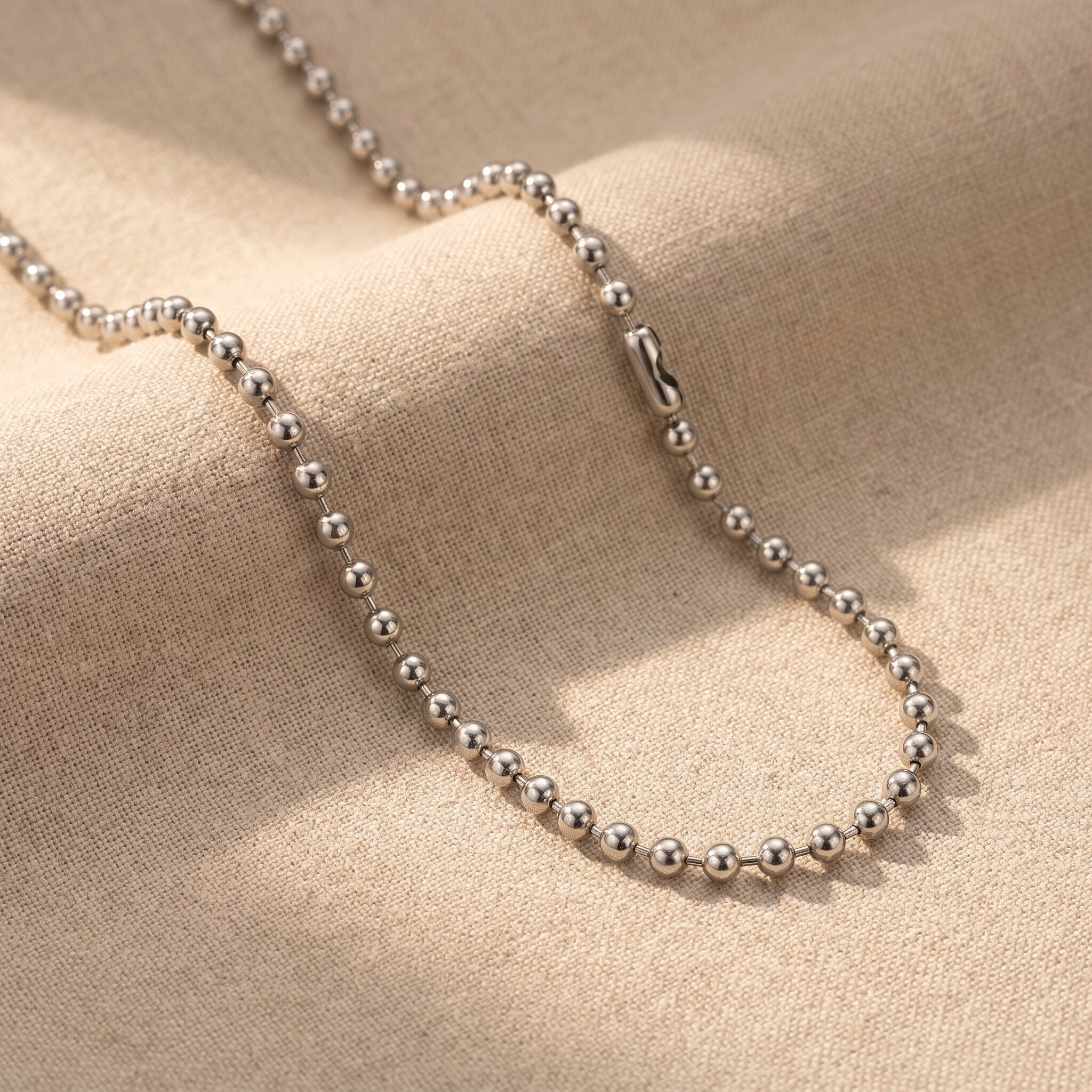 Ball chain necklace in silver with polished bead chain design, minimalist jewellery for layering