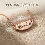 Pendant size guide for Beck name necklace showing bar pendant dimensions