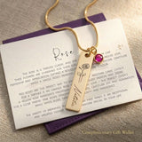 Birthflower and birthstone personalised necklace displayed with jewelry gift wallet packaging