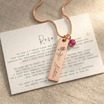Rose gold birthflower necklace with engraved bar pendant and birthstone charm