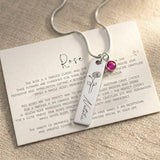 Silver birthflower necklace with engraved bar pendant and birthstone charm