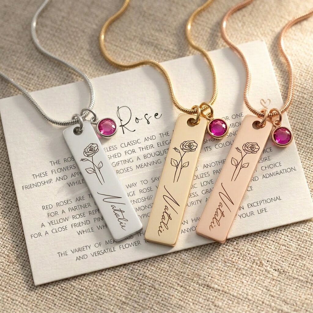 Birthflower and birthstone personalised necklace in gold silver and rose gold finishes