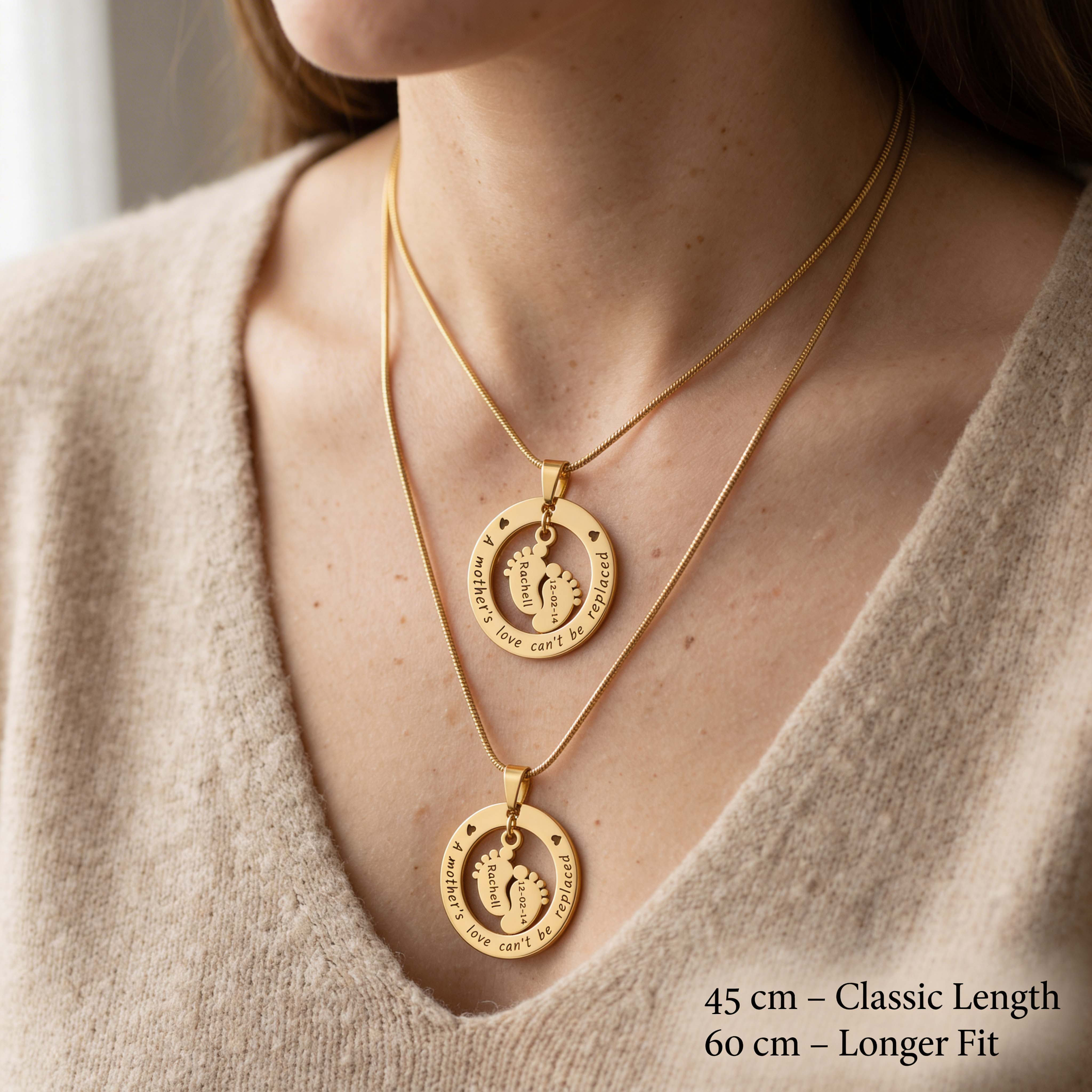 Woman wearing Can’t Be Replaced Necklace showing chain length options for necklace styling