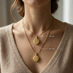 Chain length guide for circle cremation necklace showing adjustable necklace length options
