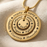 Circle of Loved Ones necklace close up showing engraved names and details