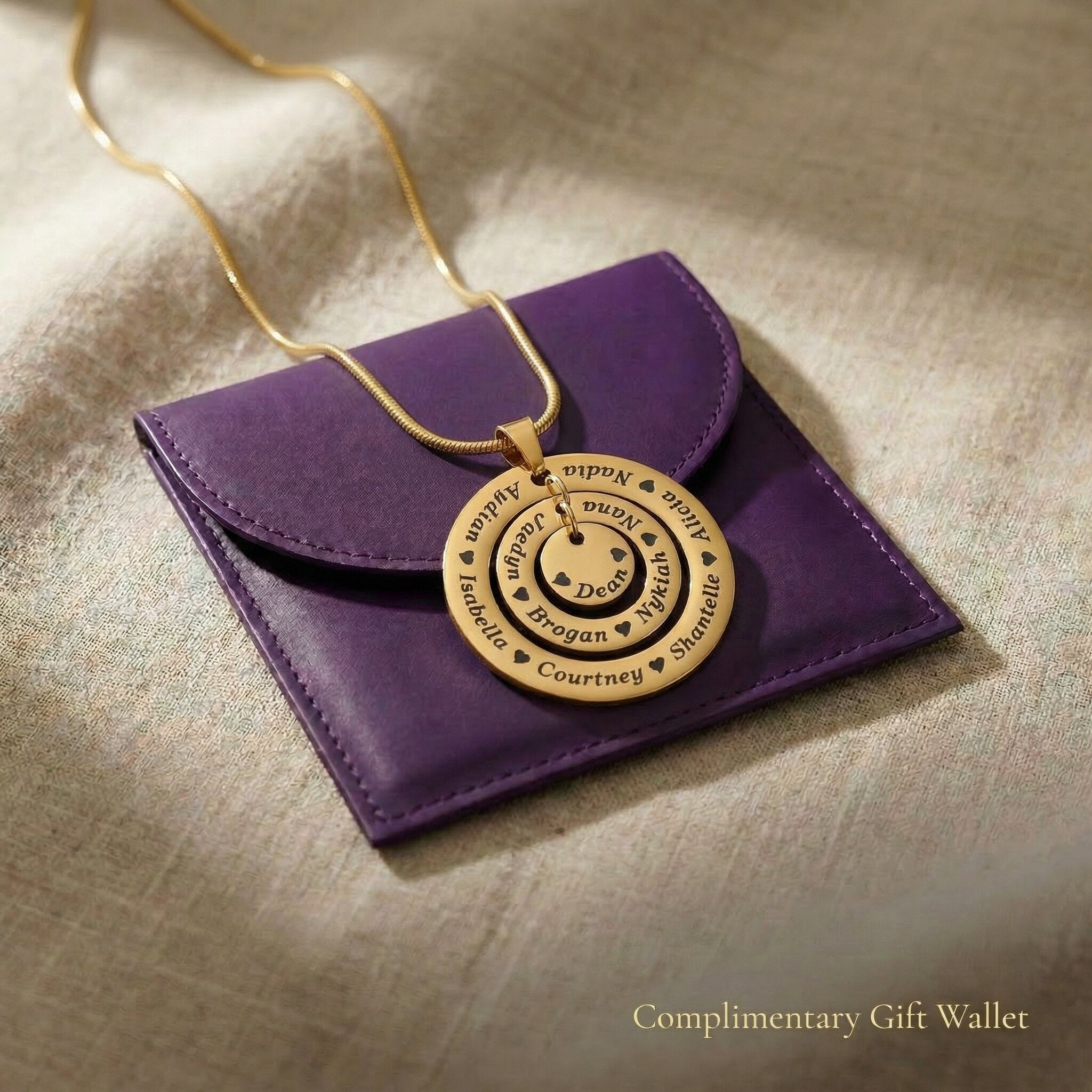 Circle of Loved Ones necklace presented in gift wallet packaging