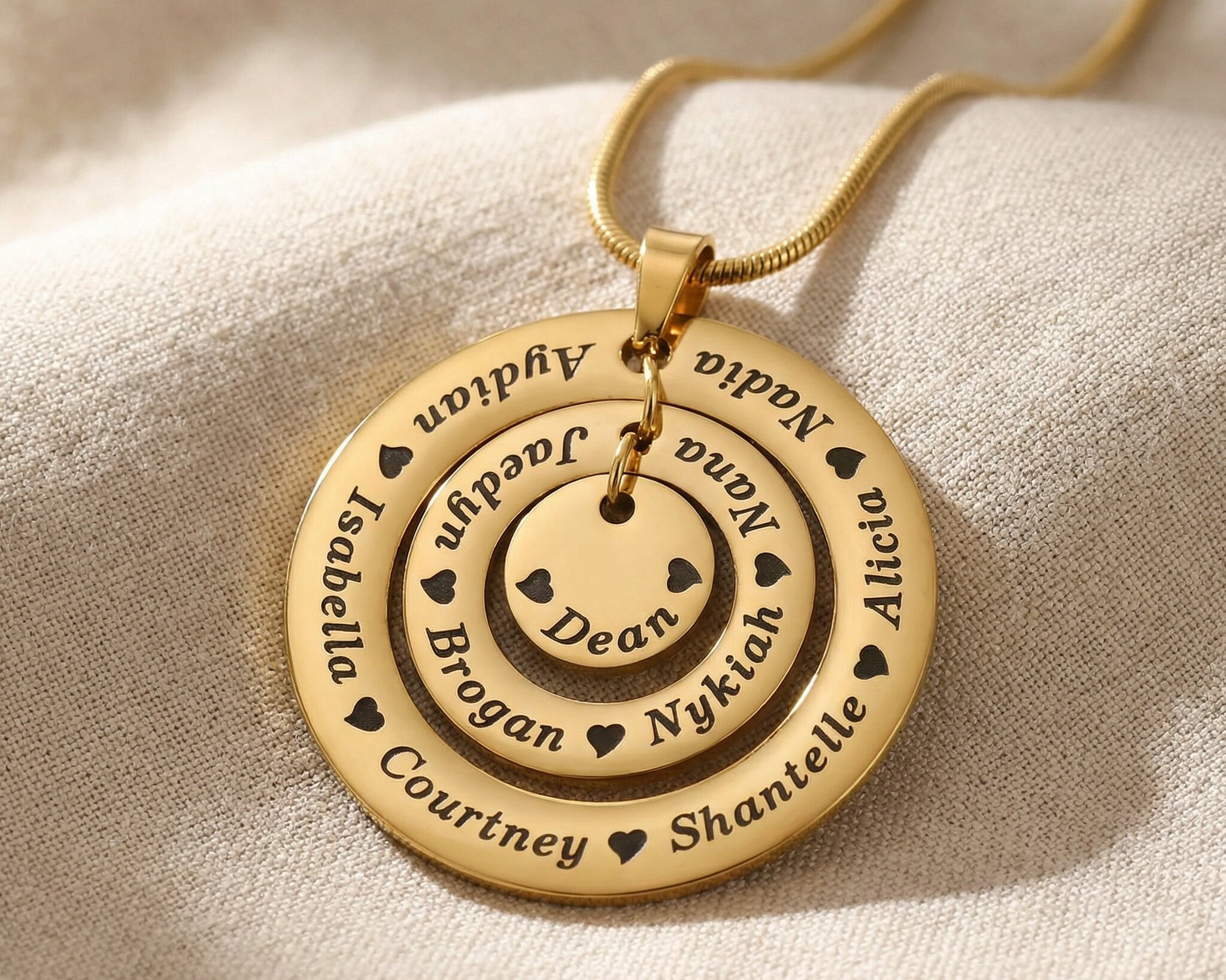 Gold Circle of Loved Ones necklace on delicate chain in neutral background 