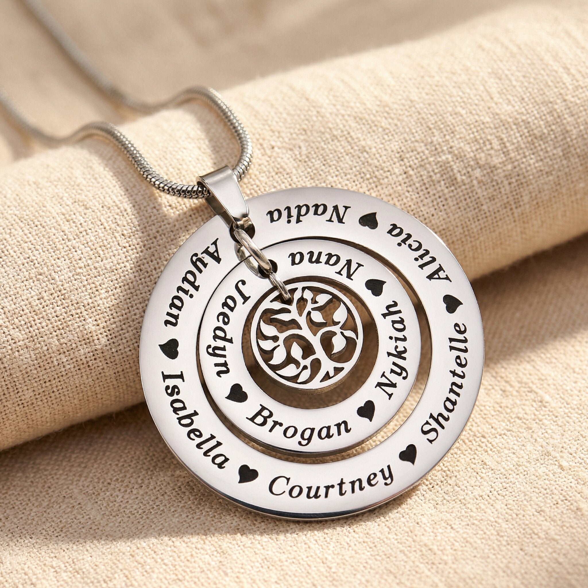 Circle of Loved Ones necklace with tree insert option and engraved names