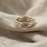 Classic band ring tone comparison showing gold, silver and rose gold minimalist rings