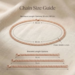 Chain size guide showing different lengths and thickness of curb chain necklace