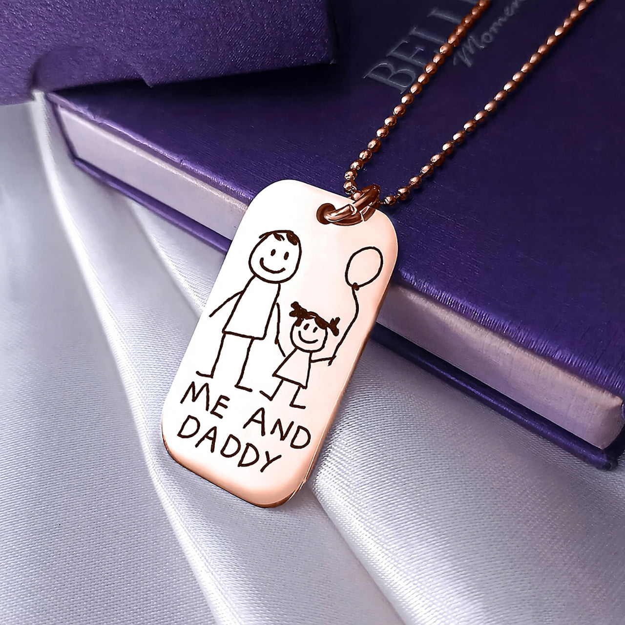 Belle Fever Kids Drawing Dog Tag Necklace, custom engraved with a child’s artwork, a heartfelt keepsake celebrating love and creativity.